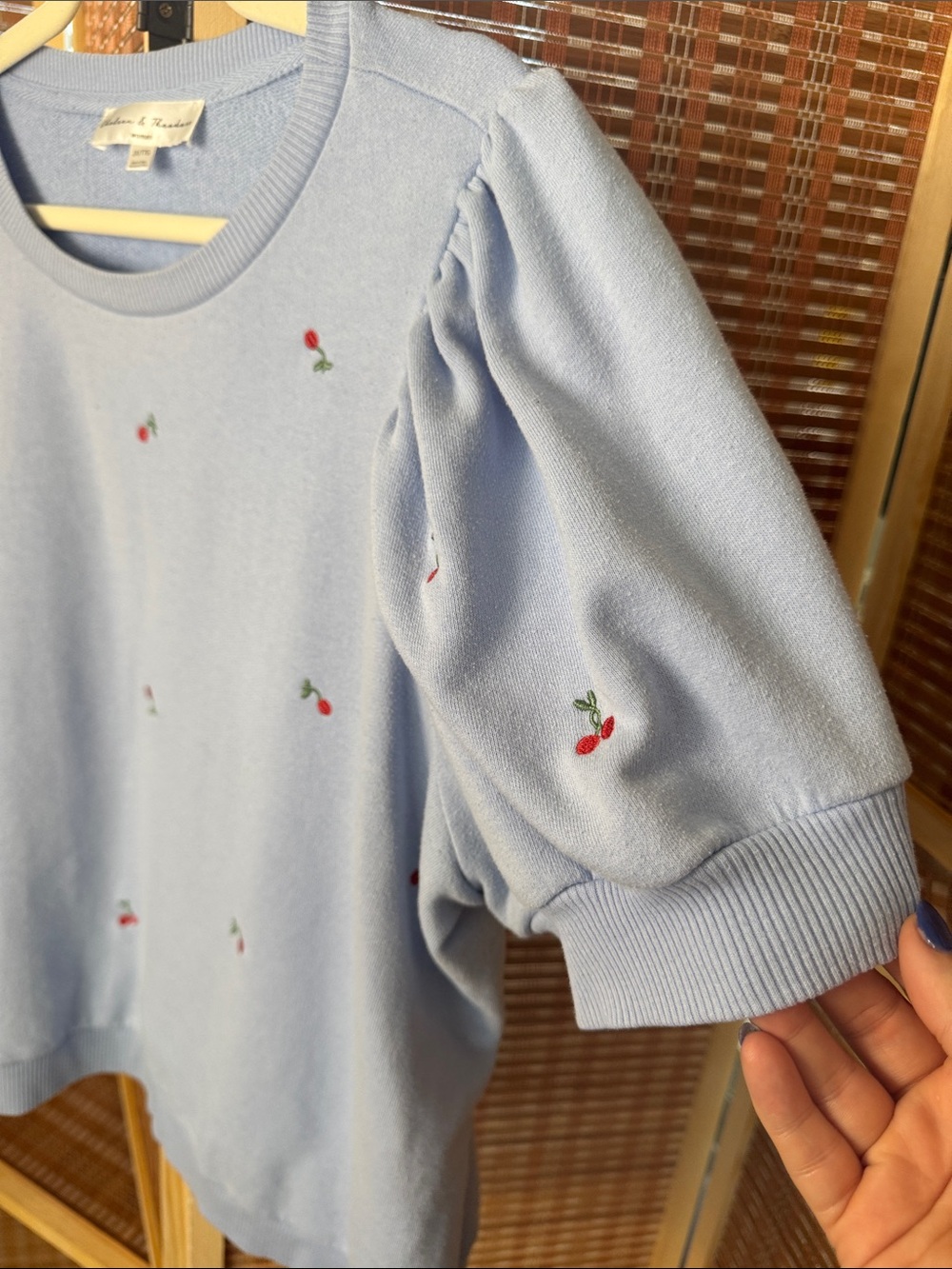 Chelsea & Theodore Light Blue Puff Sleeve Cherry Embroidered Top N0348 - Picture 3 of 4